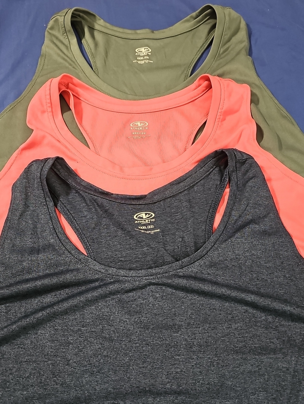 Athletic Works Racerback Tank Tops in Navy, Coral (Pink) & Olive (3 Pack)